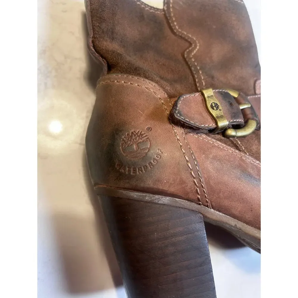 Timberland Waterproof Leather Heeled Boots Brown Moto Buckle Women’s Size 8.5